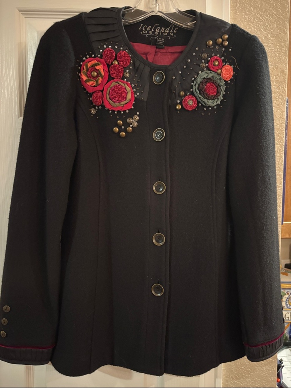 Icelandic Connection Black Embellished Wool Blend Coat with Floral Appliqué